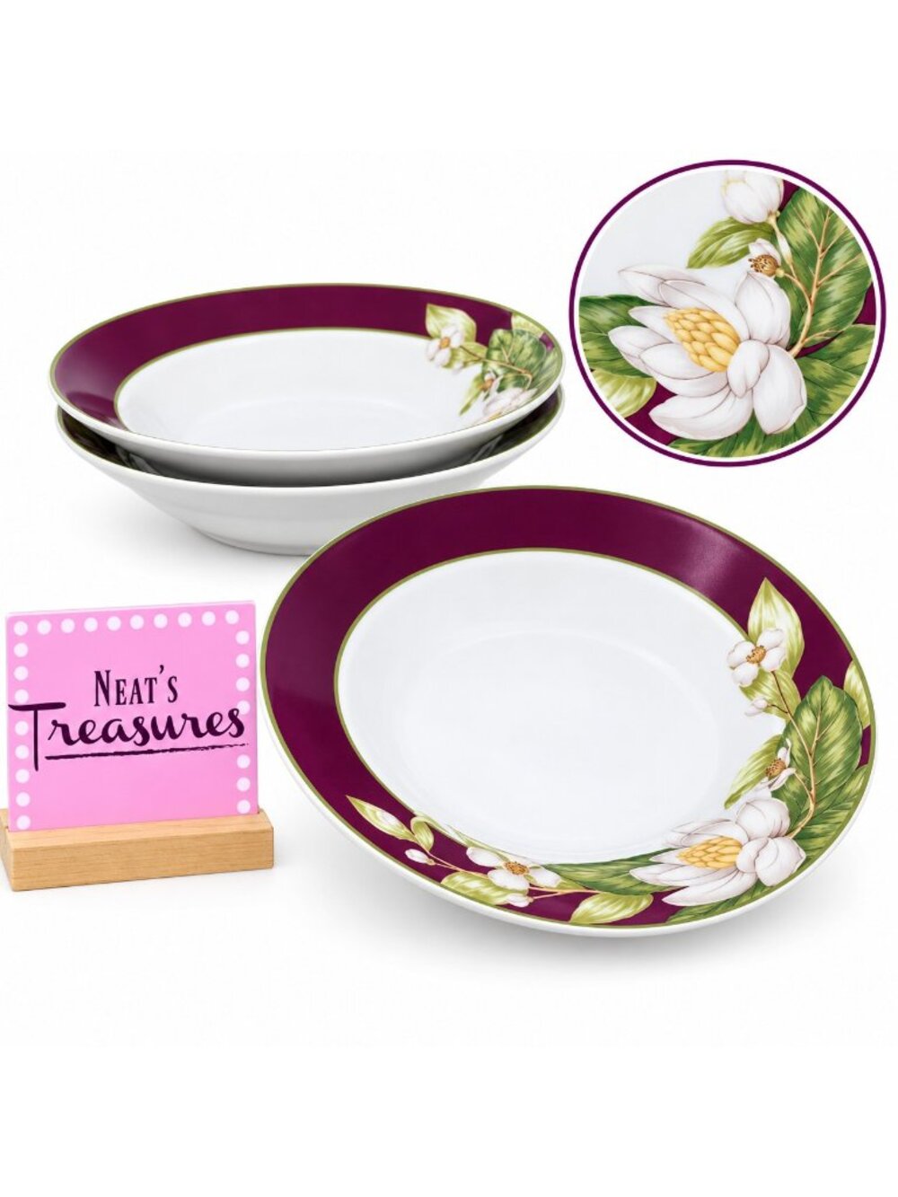 American Atelier MAGNOLIA BREEZE 5124 White Flower Rim Porcelain Soup Bowl Set 3